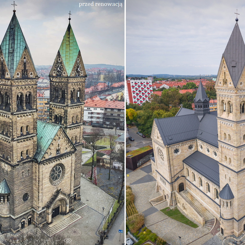 porównanie kościoła przed i po renowacji